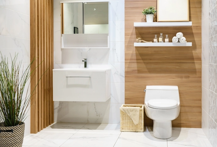 custom bathroom vanity with white sink and custom white oak wood finishes