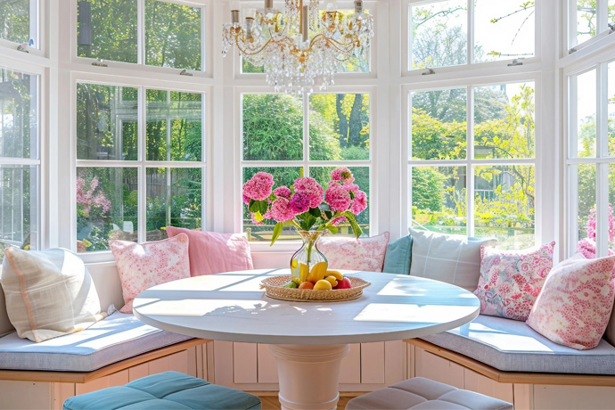 U-shaped banquette with colorful pillows