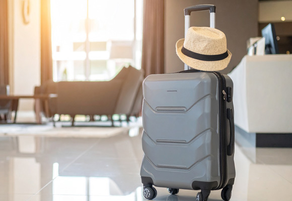 Luggage in a hotel lobby