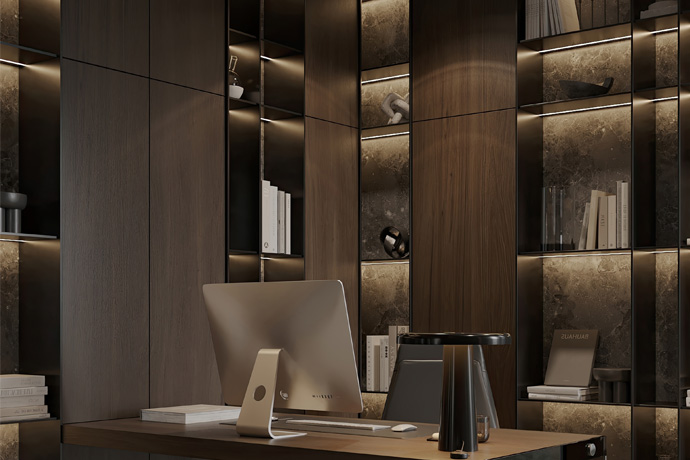 Office room with dark wood cabinet with glass panels