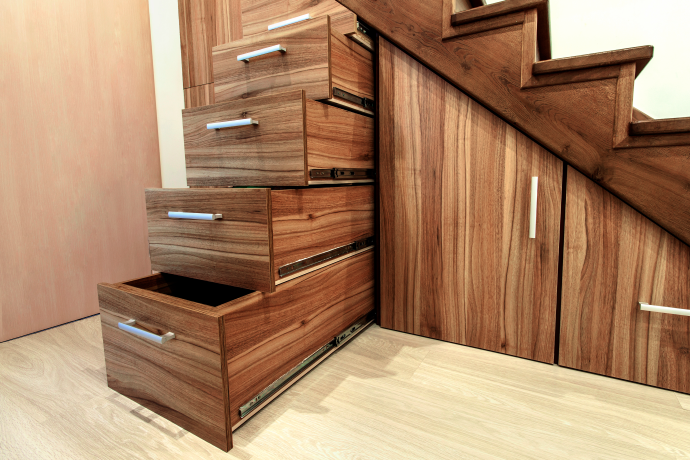 Modern architecture interior with luxury hallway with glossy wooden stairs in modern story house. Custom built pullout cabinets on glides in slots under stairs