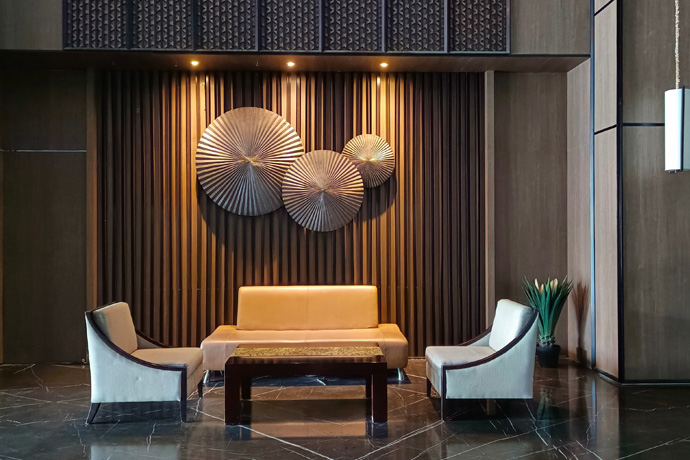 Hotel lobby with wooden panel wall