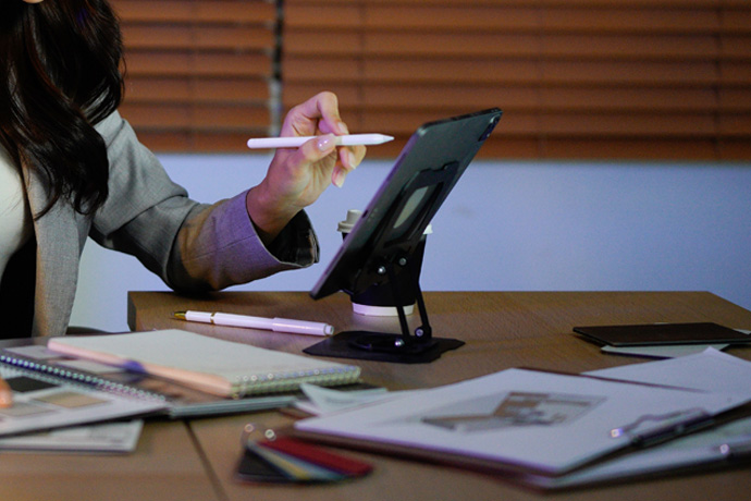 Office desk table with cluttered paper