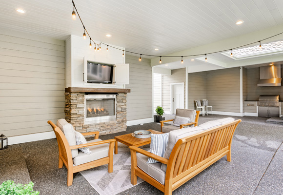 Patio fireplace along a wall