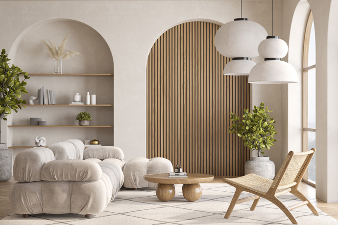 Minimalist living are with arch wooden interior