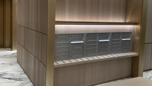 mailboxes in the lobby of an office building