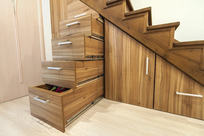 custom cabinets built into stairs for extra storage