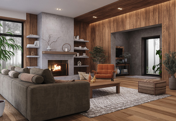 Living area with stained wooden walls and fireplace