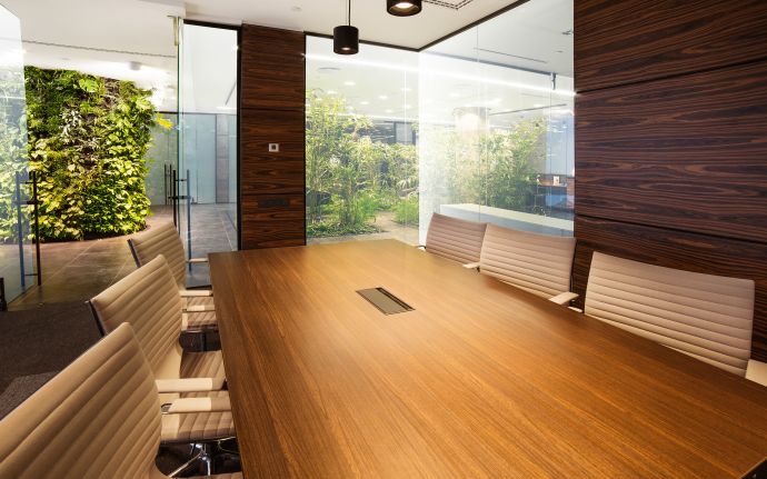 Sunny conference room with ample windows