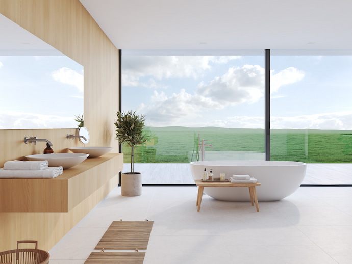 bright modern minimalist bathroom with light wooden finishes
