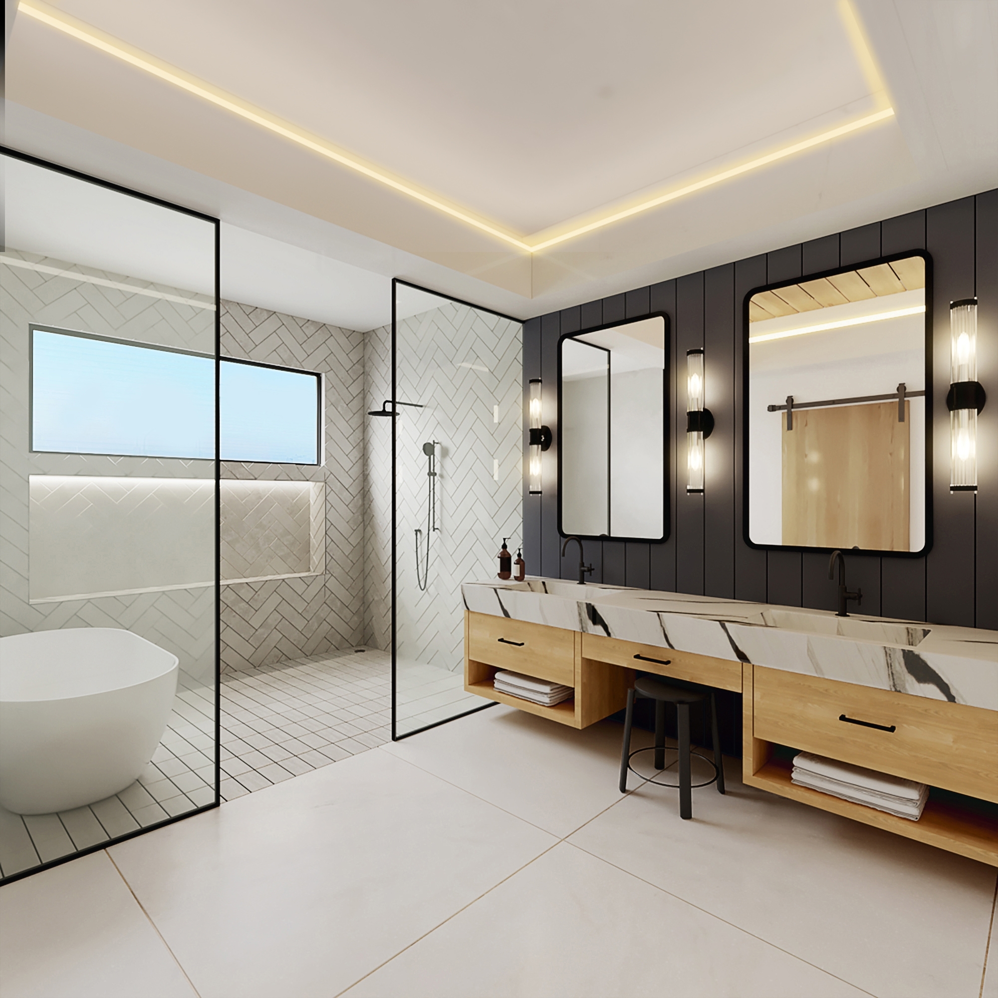 Renovated bathroom with white tiling and black vanity backsplash